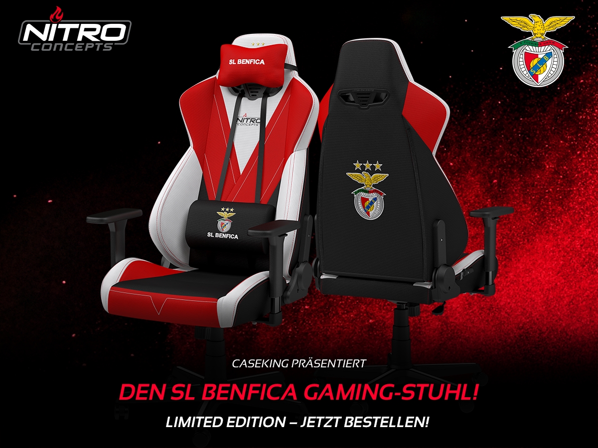 BRANDNEU bei Caseking – Der Nitro Concepts S300 Gaming-Stuhl in der offiziellen Benfica Lissabon Special Edition.